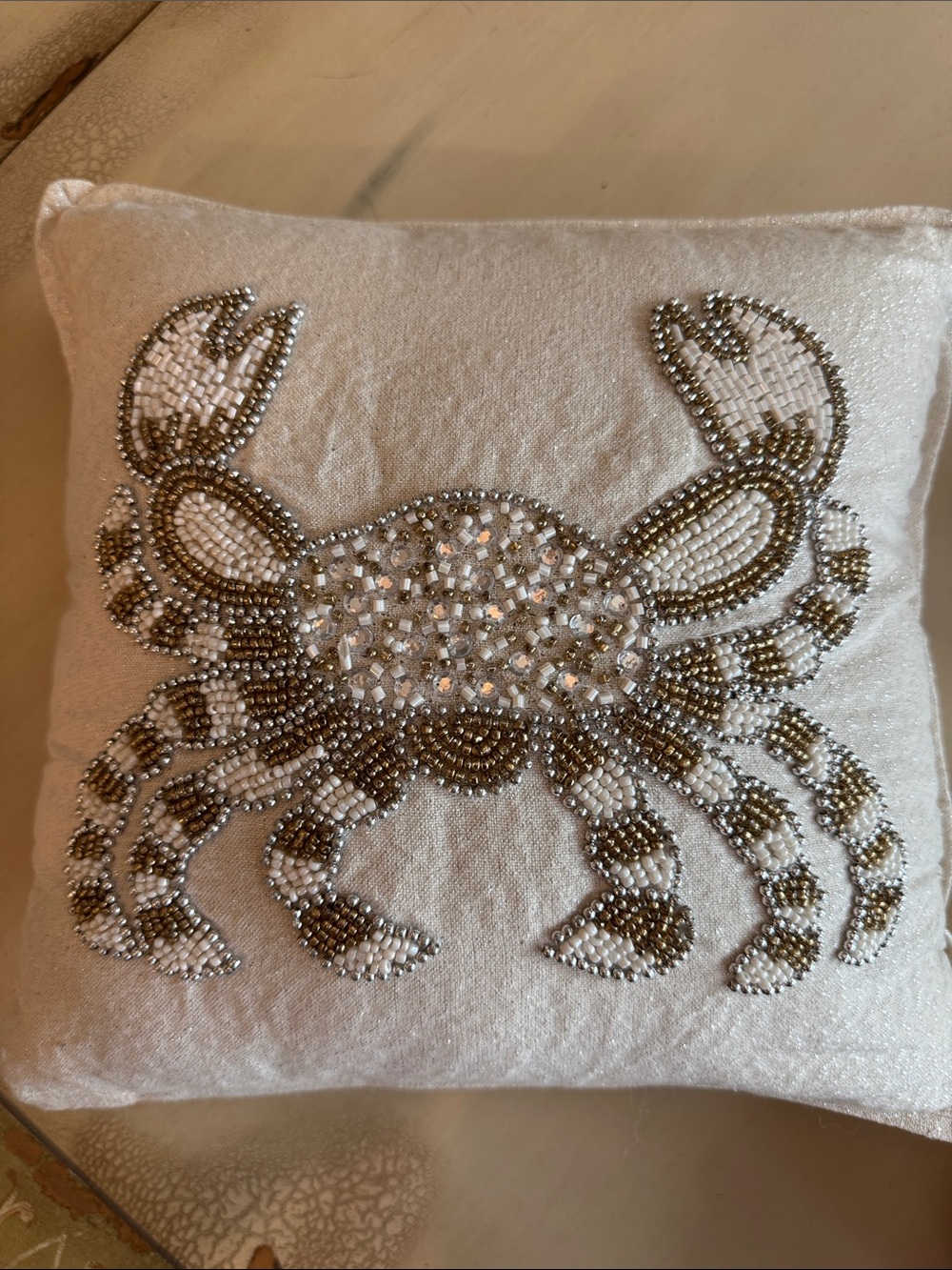 Beaded Crab Decorative Pillow - White and Gold
